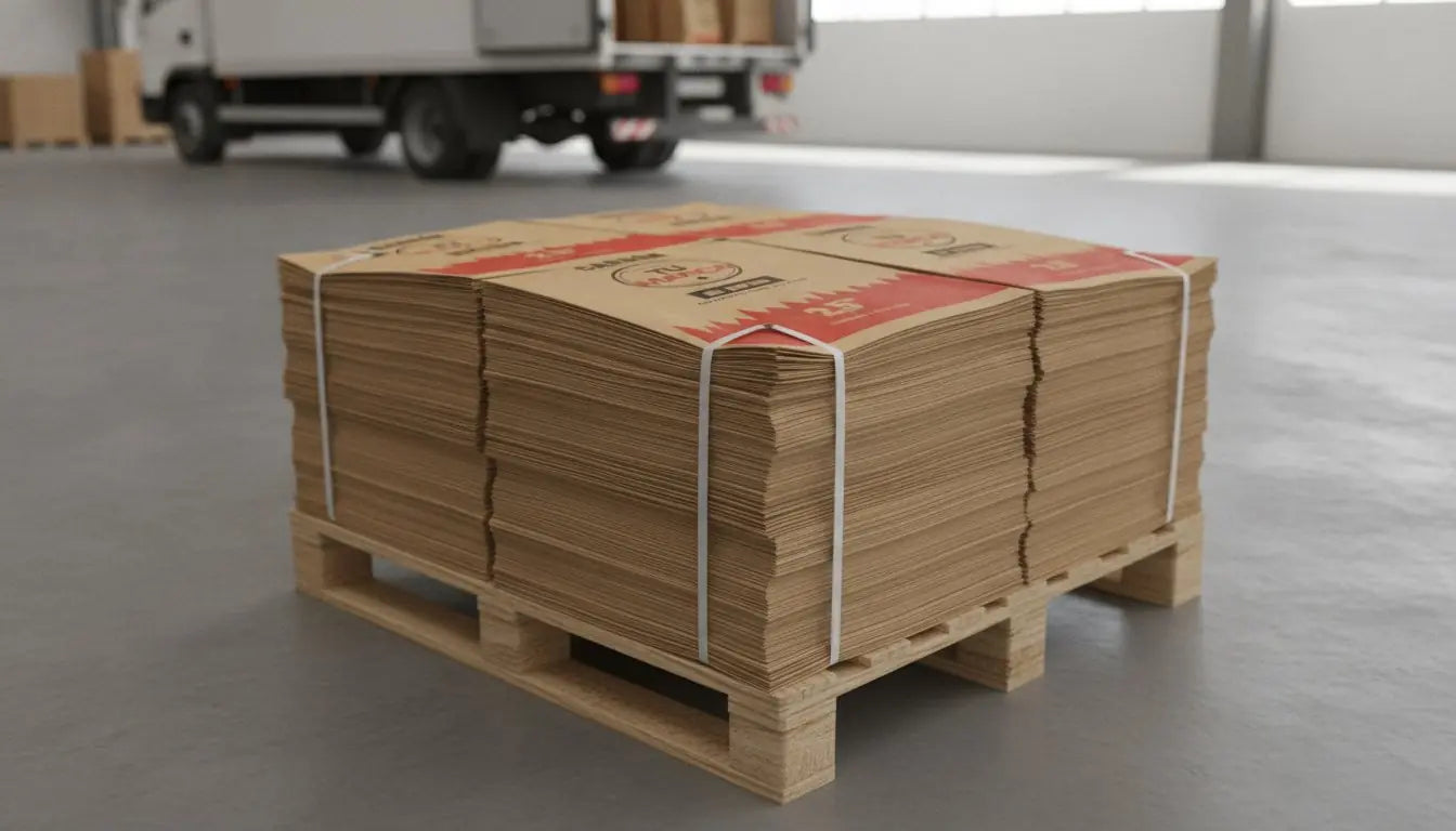 Fardos de bolsas planas sobre un pallet, listos para despacho