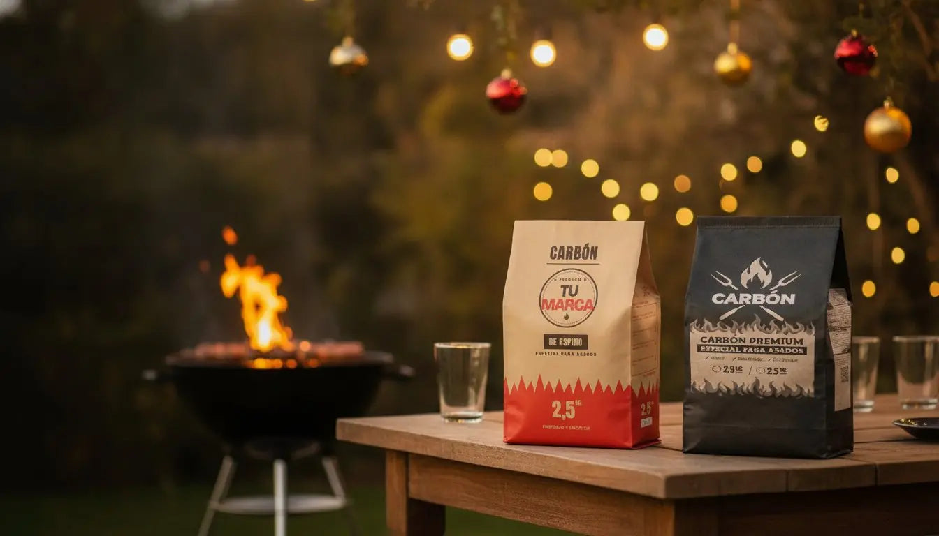 Bolsa con marca propia de ejemplo y bolsa genérica negra en un asado de fin de año