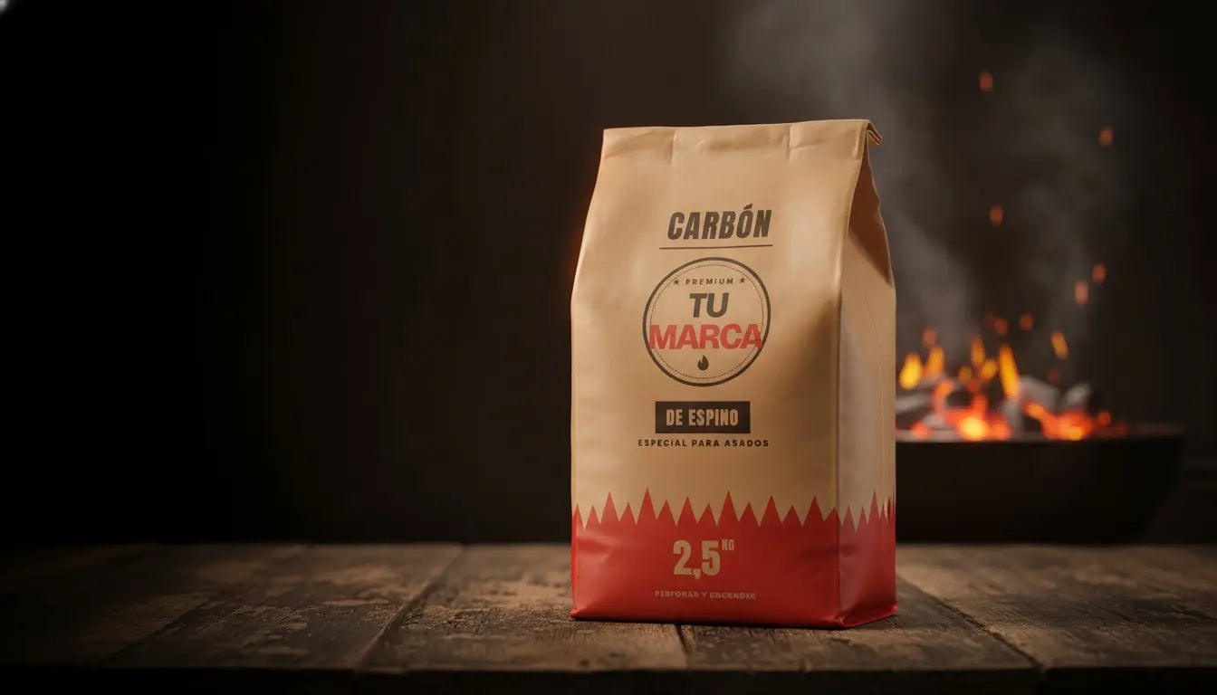 Bolsa de papel kraft de ejemplo con la marca TU MARCA junto a una parrilla encendida